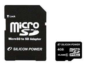Флеш-карта microSDHC 4Гб Silicon Power , Class 4 ( SP004GBSTH004V30 ) 2 адаптера